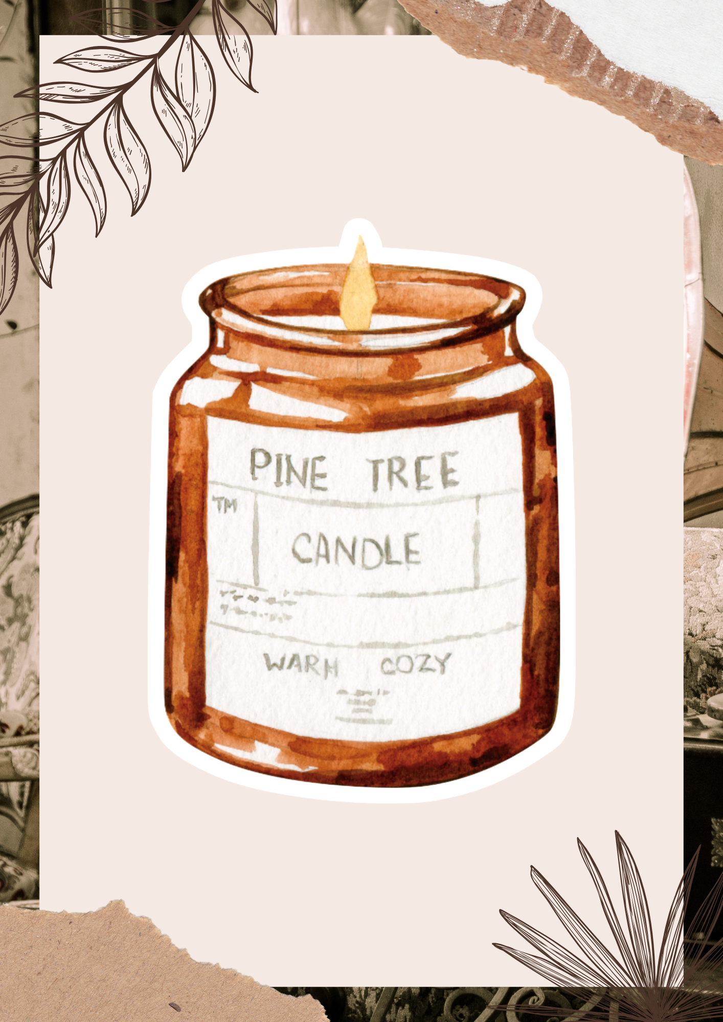 Pine Tree Candle Watercolor Sticker | Cozy Cabin Candle Vinyl Sticker