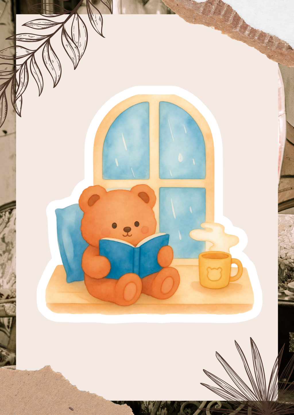 Reading Bear Watercolor Sticker | Cozy Reading Nook Vinyl Sticker