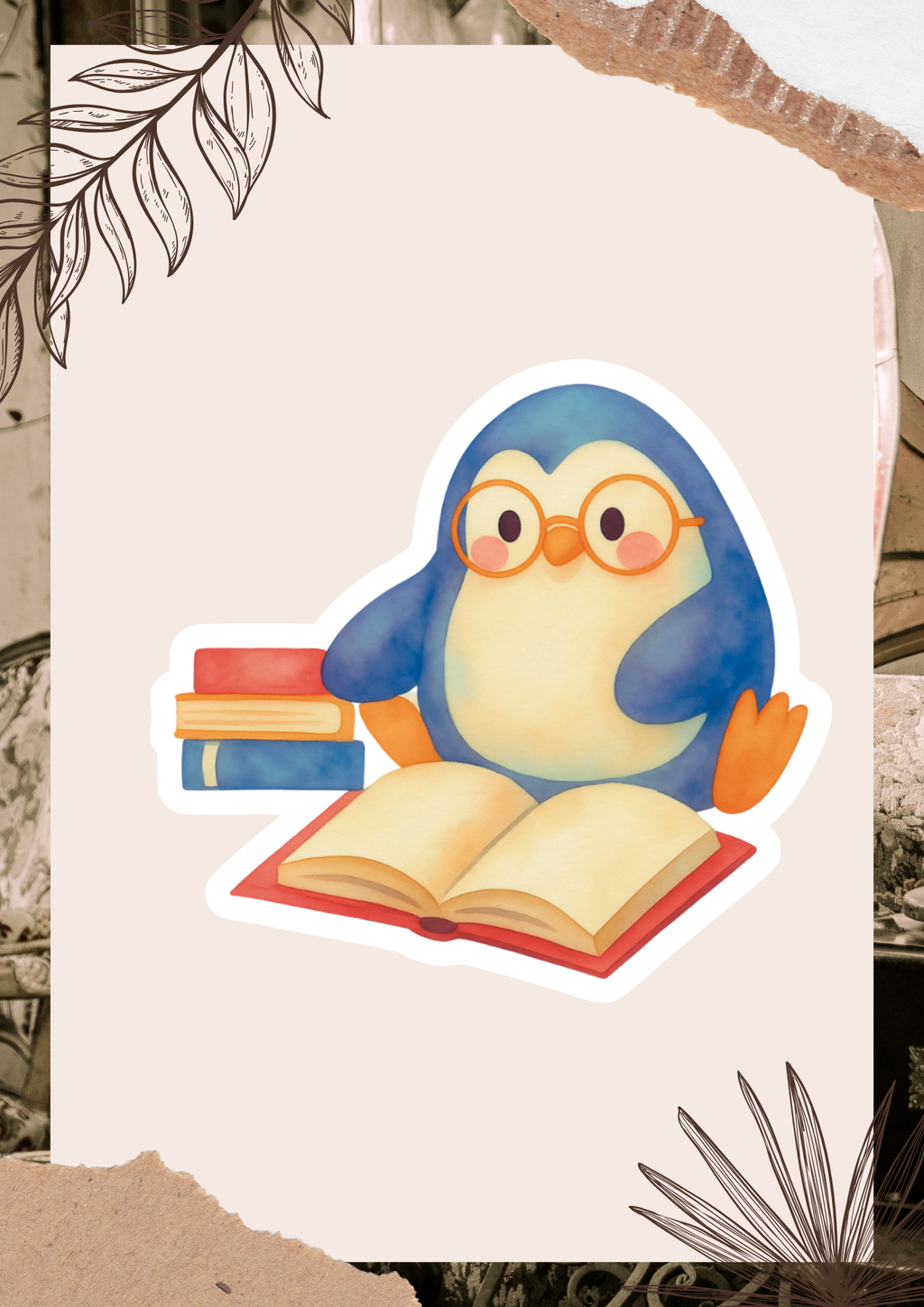 Reading Penguin Watercolor Sticker | Cute Penguin Book Lover Sticker