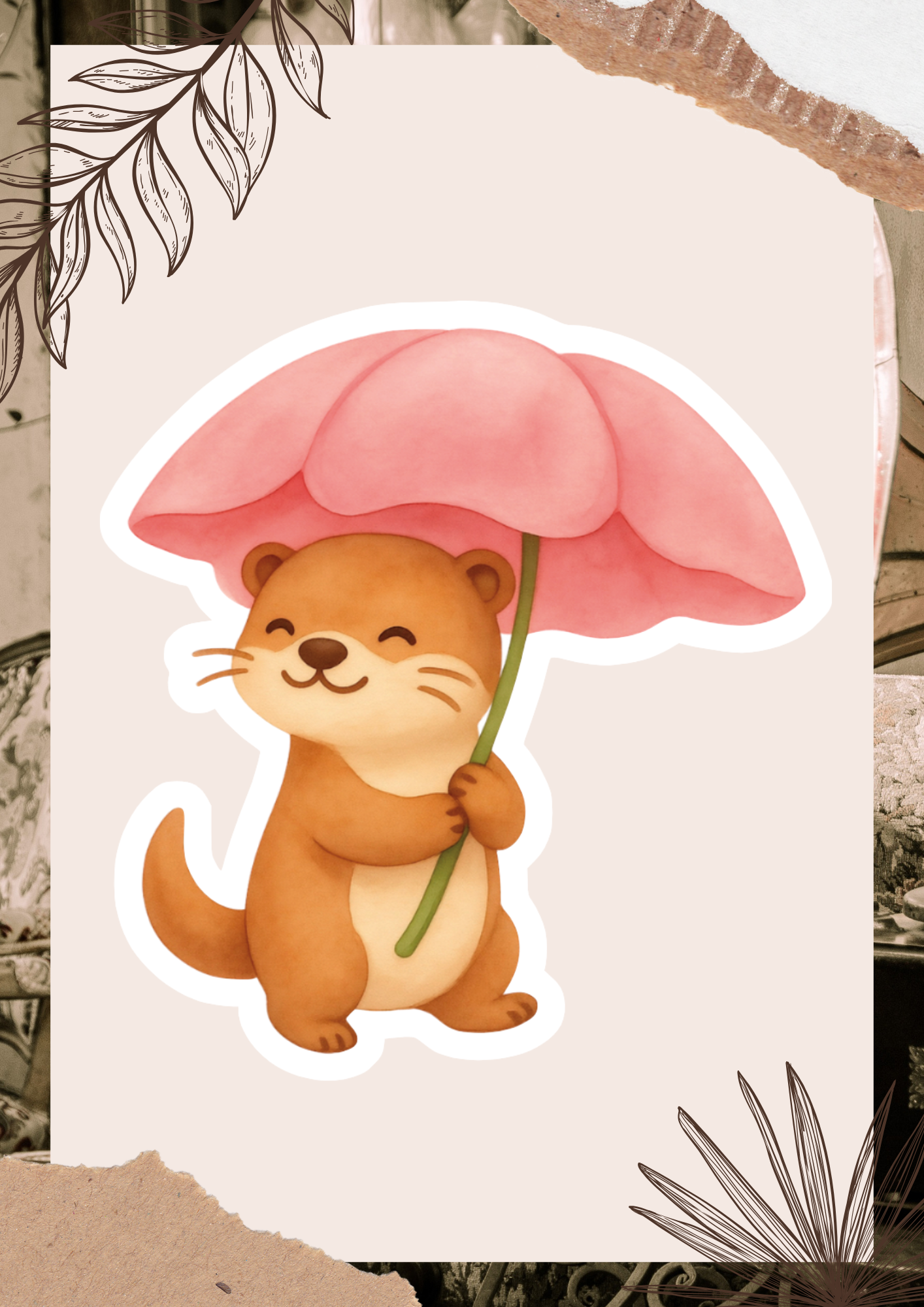 Umbrella Otter Watercolor Sticker | Cozy Woodland Rain Vinyl Sticker