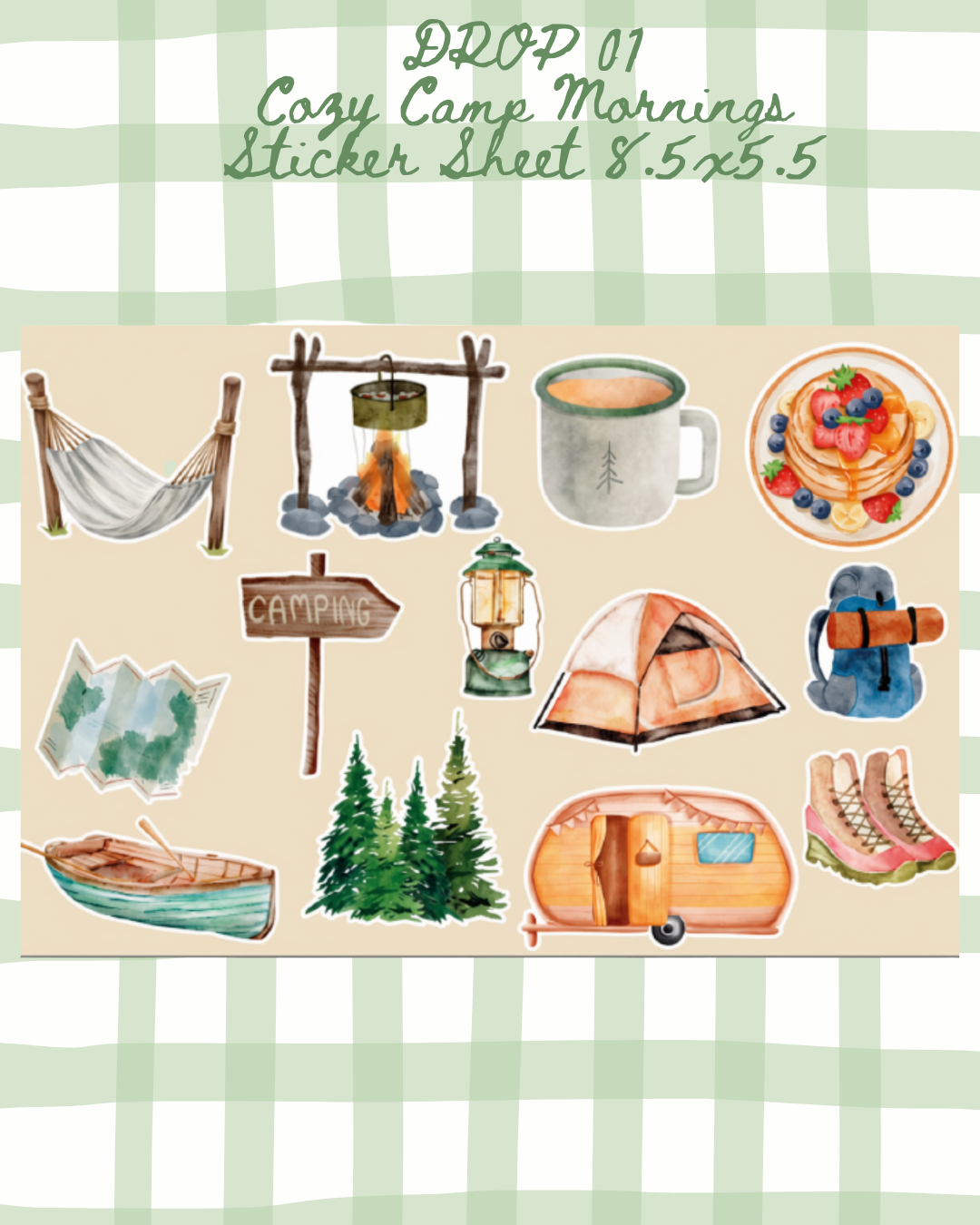 Cozy Camp Mornings Sticker Sheet | Waterproof Camping & Nature Planner Stickers
