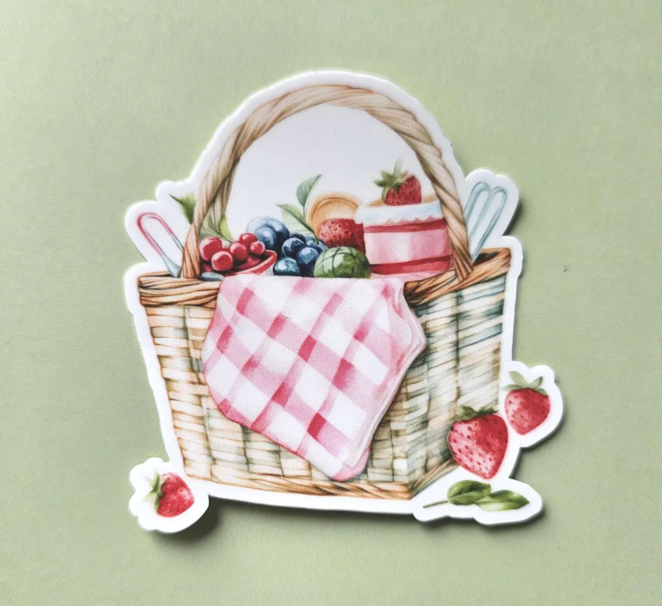 Strawberry Picnic Basket Waterproof Vinyl Sticker