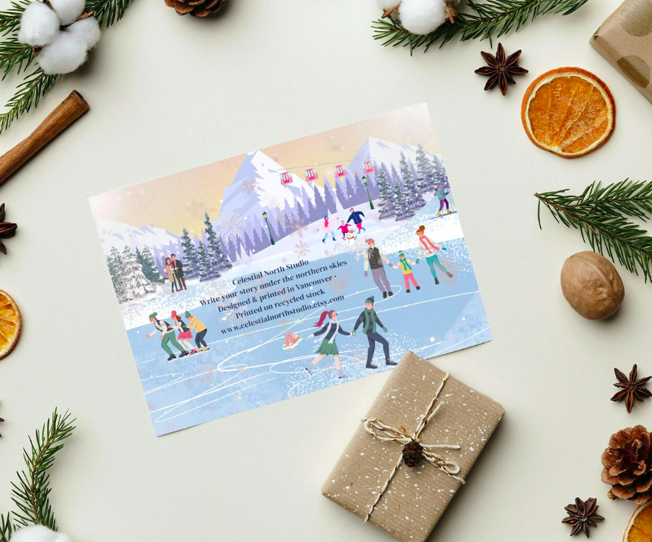 Through Winter’s Hush Holiday Card – Ice Skating Scene | Eco Recycled Celestial North Card