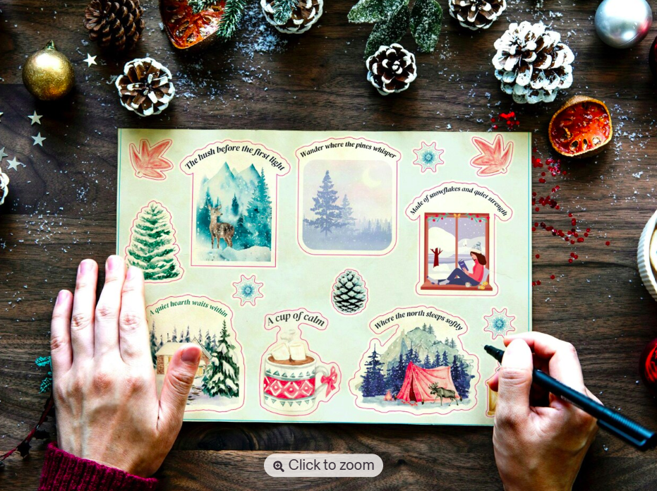 Canadian Winter Sticker Sheet | Eco-Matte Recycled Paper | Greenguard Certified | Cozy Cabin, Pines & Snow Stickers