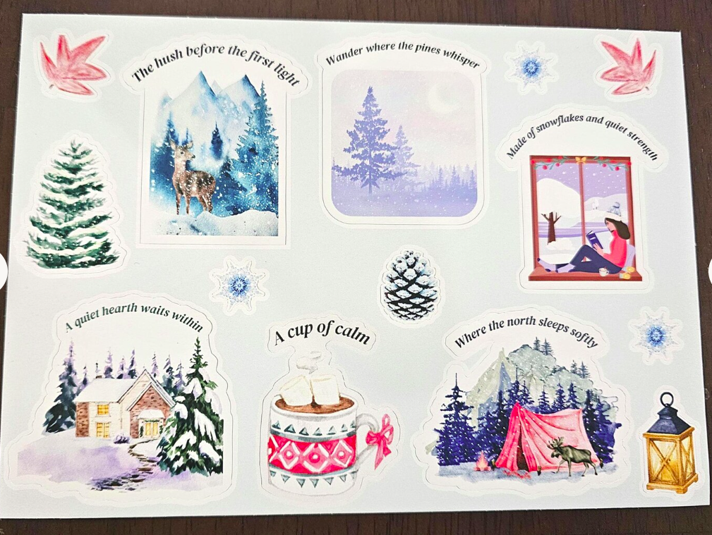 Canadian Winter Sticker Sheet | Eco-Matte Recycled Paper | Greenguard Certified | Cozy Cabin, Pines & Snow Stickers