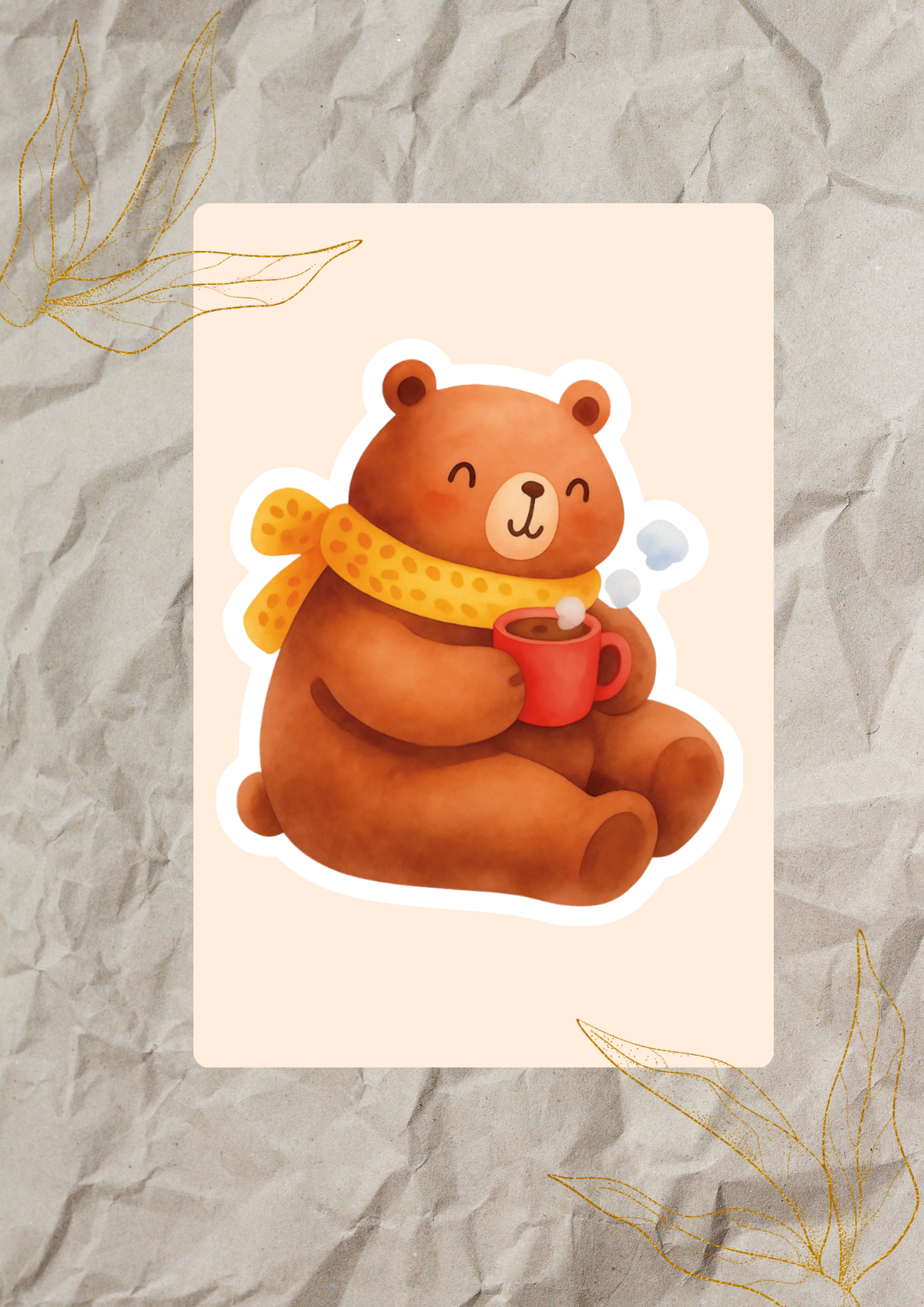 Cozy Bear with Warm Drink Die-Cut Vinyl Sticker | Fall Woodland Art