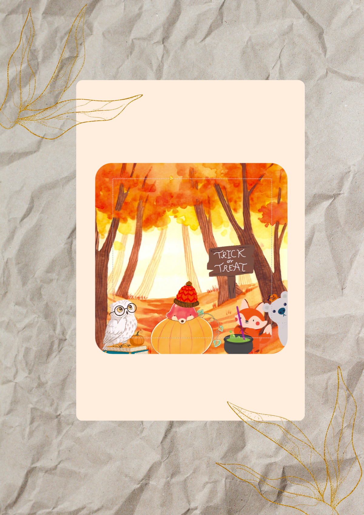Trick or Treat Woodland Friends Square Sticker | Autumn Forest Scene