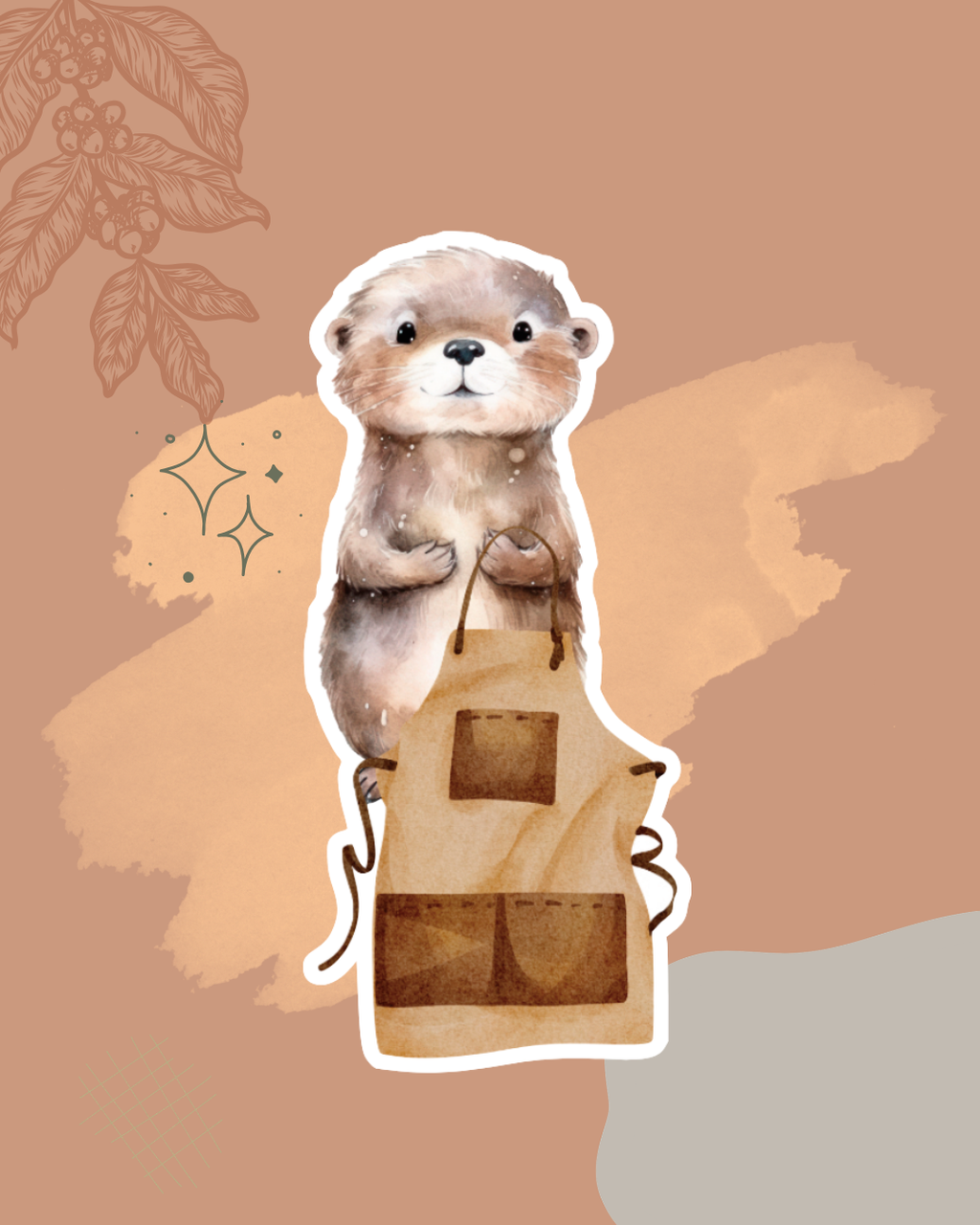 Barista Otter Watercolor Sticker | Cozy Coffee Animal Vinyl Sticker