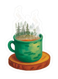 Camping Coffee Sticker | Morning in the Forest Mug Die Cut | Cozy Watercolor Sticker | Eco Matte Waterproof Nature Gift