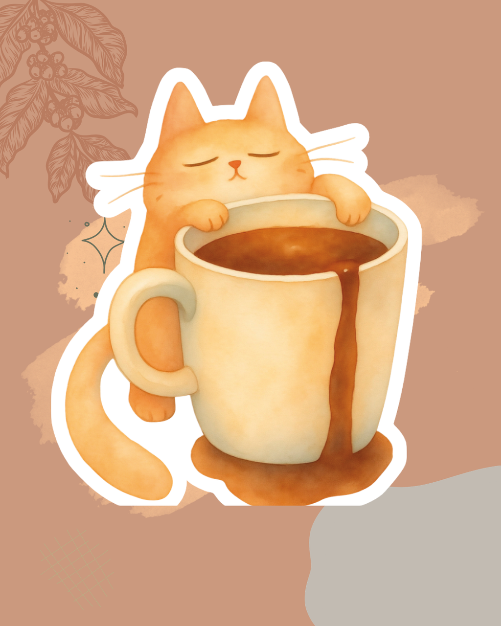 Coffee Cat Watercolor Sticker | Cozy Cat Coffee Vinyl Sticker